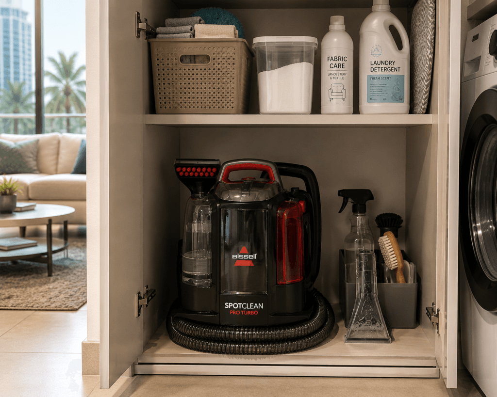 Portable upholstery cleaner stored inside a compact UAE apartment utility cabinet