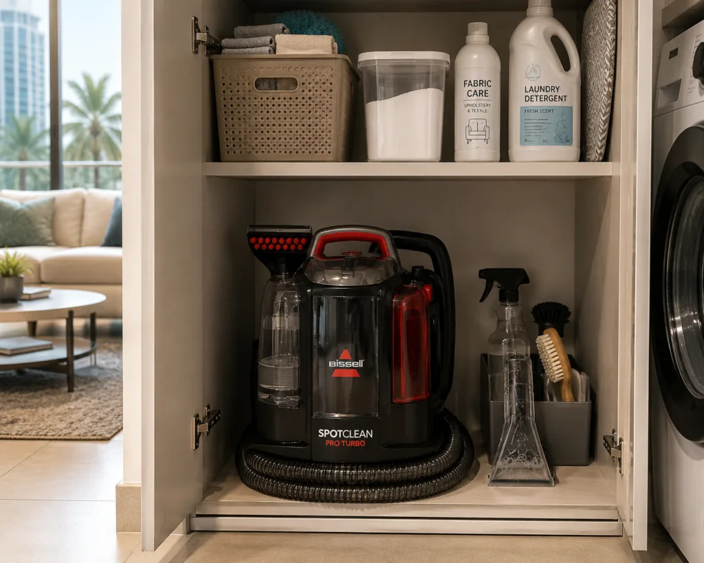 Portable upholstery cleaner stored inside a compact UAE apartment utility cabinet
