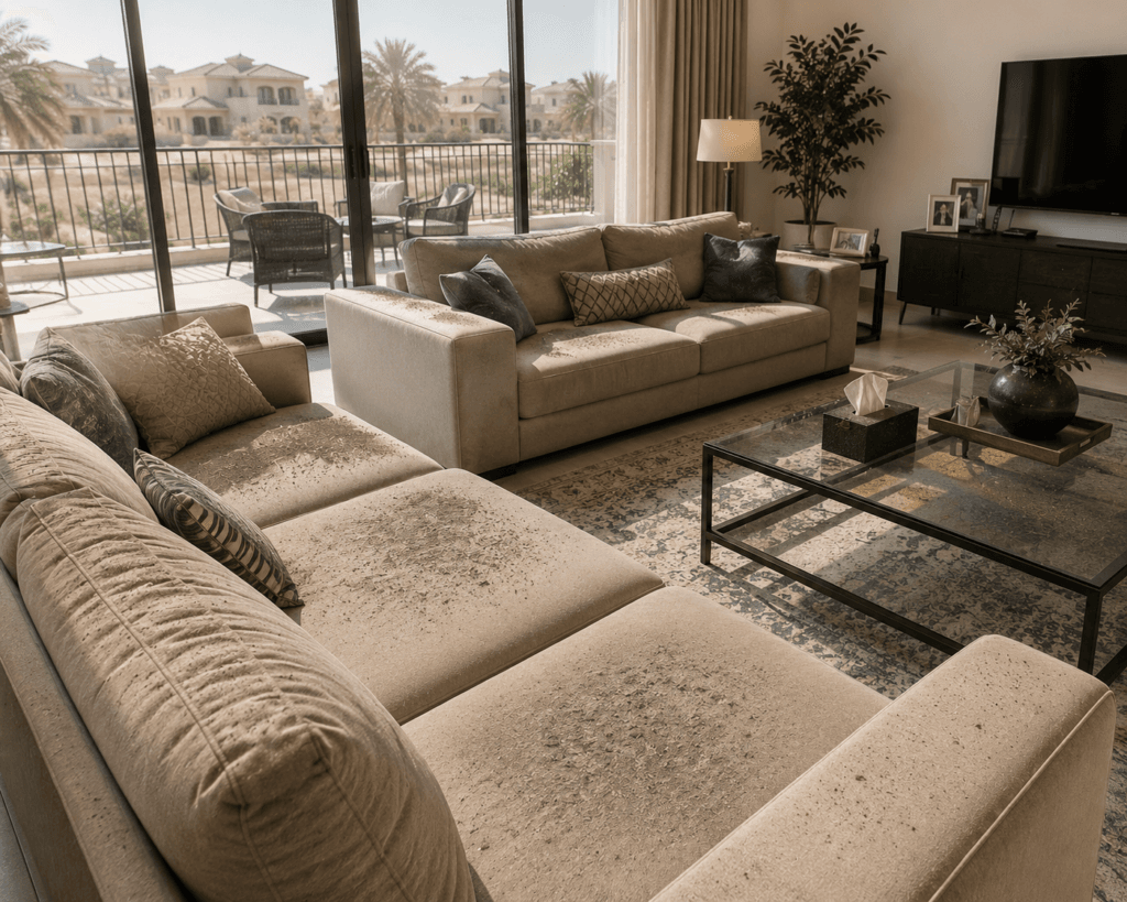 Villa living room with multiple fabric sofas showing dust accumulation patterns near large balcony doors in a desert-facing UAE community