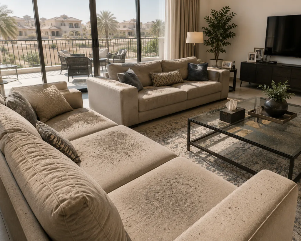 Villa living room with multiple fabric sofas showing dust accumulation patterns near large balcony doors in a desert-facing UAE community