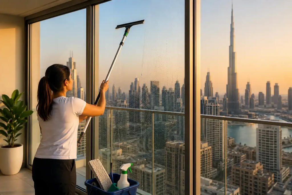 Best window cleaning tools UAE apartment resident using telescopic squeegee to clean high-rise balcony glass with Dubai skyline background