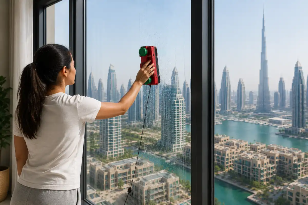 Magnetic window cleaner used on high-rise apartment glass in Dubai