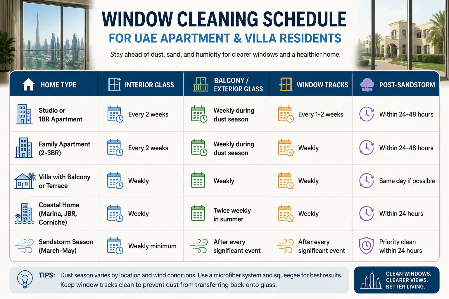 Window cleaning schedule chart for UAE apartment and villa residents