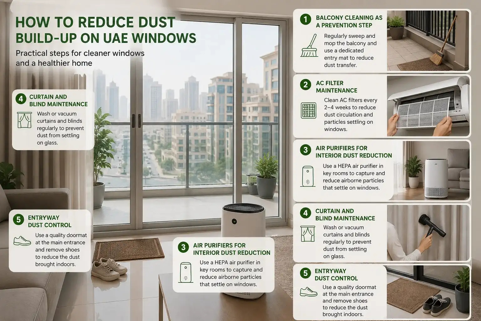 How to reduce dust build-up on UAE windows infographic showing balcony cleaning, AC filter maintenance, air purifier use, curtain vacuuming, and entryway dust control in a modern UAE apartment