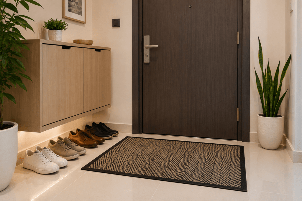 UAE apartment entryway setup with entry mat for sand control.
