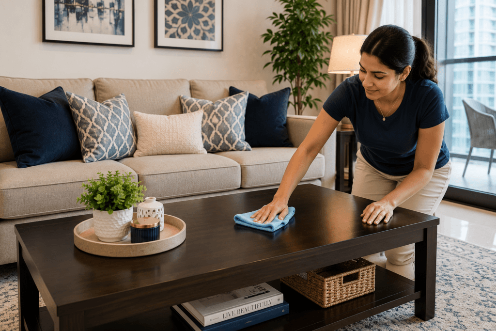 living room preparation before guests UAE microfiber dusting.