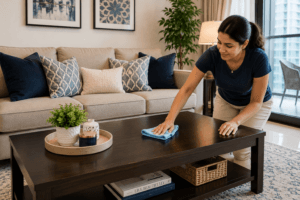 living room preparation before guests UAE microfiber dusting.