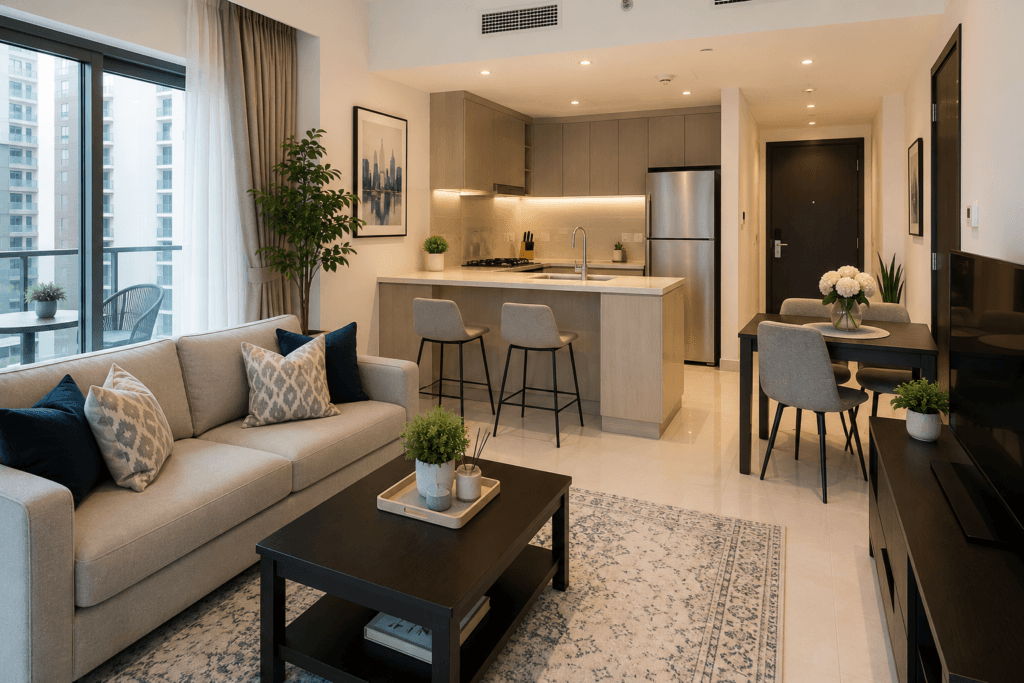 [IMAGE PLACEMENT - Apartment Example] A compact, decluttered one-bedroom apartment showing an open-plan living and kitchen area ready for guests. Alt text: apartment guest preparation UAE open plan living and kitchen.