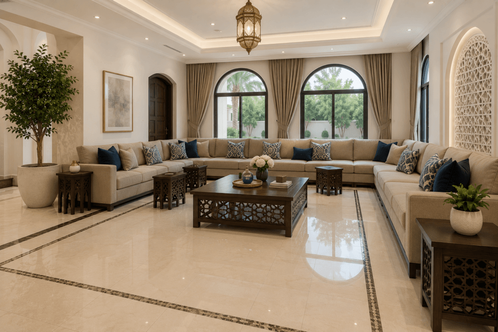 [IMAGE PLACEMENT - Villa Example] A larger villa majlis or living area with clear surfaces and a clean tile floor. Alt text: villa guest preparation UAE clean majlis and tile floor.