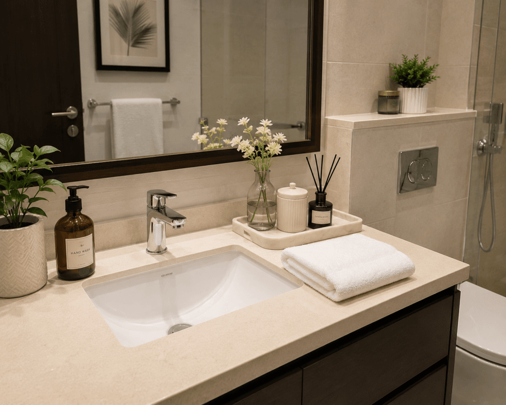 [IMAGE PLACEMENT - Guest Bathroom Reset] A clean basin, streak-free mirror and a folded fresh hand towel under soft lighting. Alt text: guest bathroom reset checklist UAE clean basin and mirror.