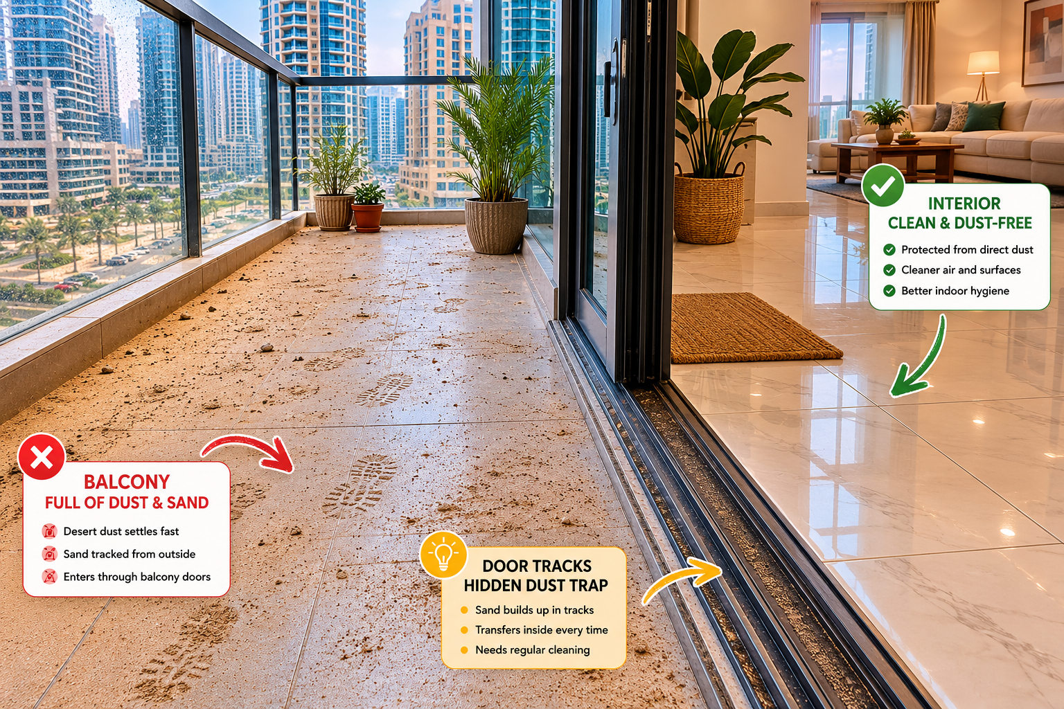 Wide-angle photograph of a UAE apartment balcony showing visible fine dust and sand on the tile surface, with the contrast between the balcony floor and the interior tile just inside the door clearly visible.