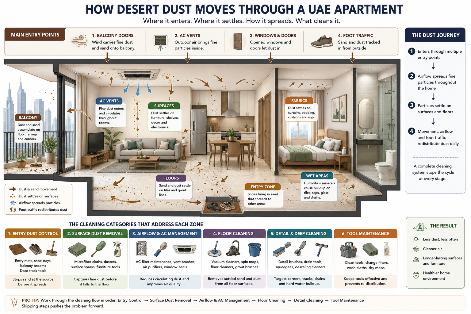 Cross-section diagram of a UAE apartment showing how desert dust enters through balcony doors and AC vents, settles on surfaces, and is redistributed across floor areas - with each zone labelled by the cleaning category that addresses it.