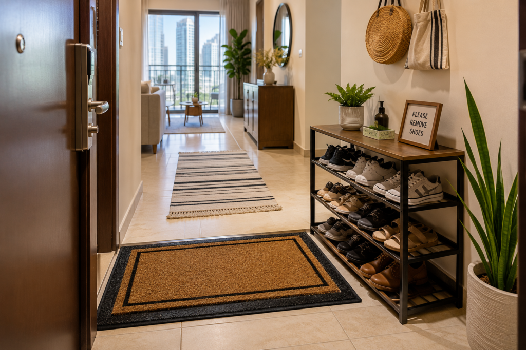 Organised UAE apartment entryway with shoe rack and entry mat in place at door threshold