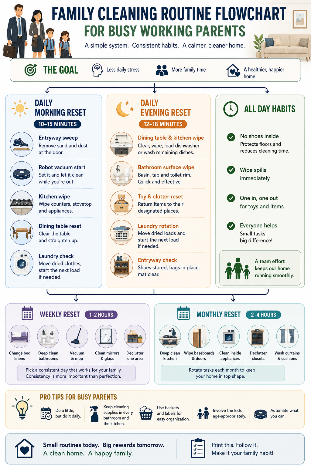 Family Cleaning Routine Flowchart for Busy Working Parents