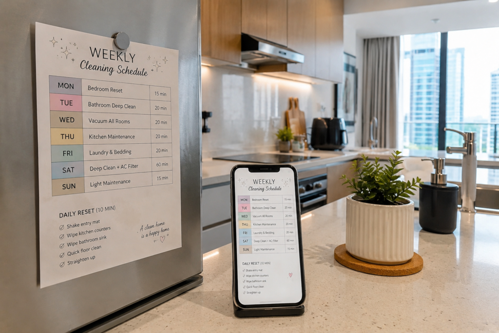 Weekly cleaning schedule planner for UAE apartment residents
