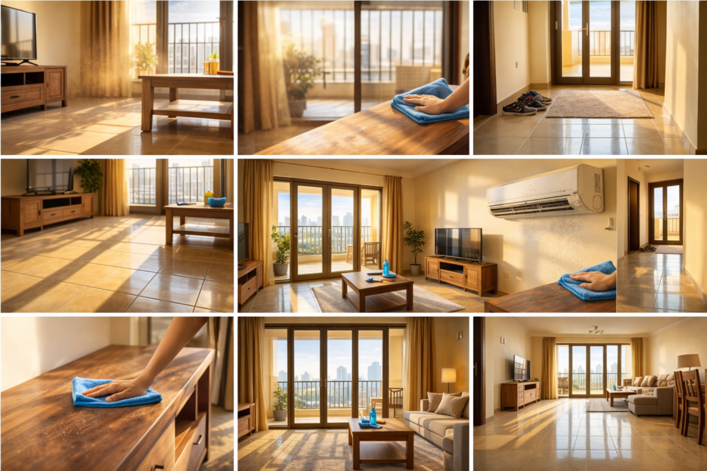 Morning light in a UAE apartment living room showing dust on tiled floors, AC vents, entry area, balcony doors, and daily cleaning with a microfiber cloth.