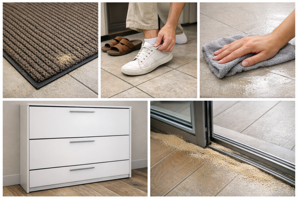daily-cleaning-routine-uae-apartments-Five-step daily cleaning routine for UAE apartments showing an entry mat, shoes removed at the door, wiping the entry floor, a closed shoe cabinet, and sand buildup at a balcony door threshold
