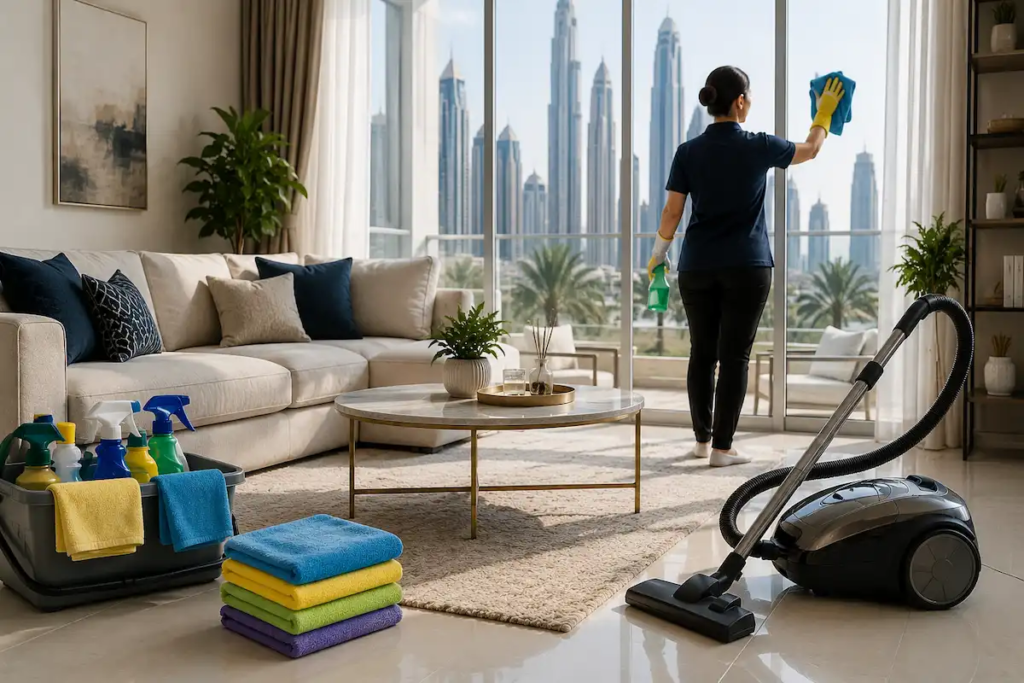 Deep cleaning UAE homes in a modern Dubai apartment living room, featuring a woman cleaning large glass windows with city skyline views, HEPA vacuum, microfiber cloths, and cleaning supplies arranged on marble flooring