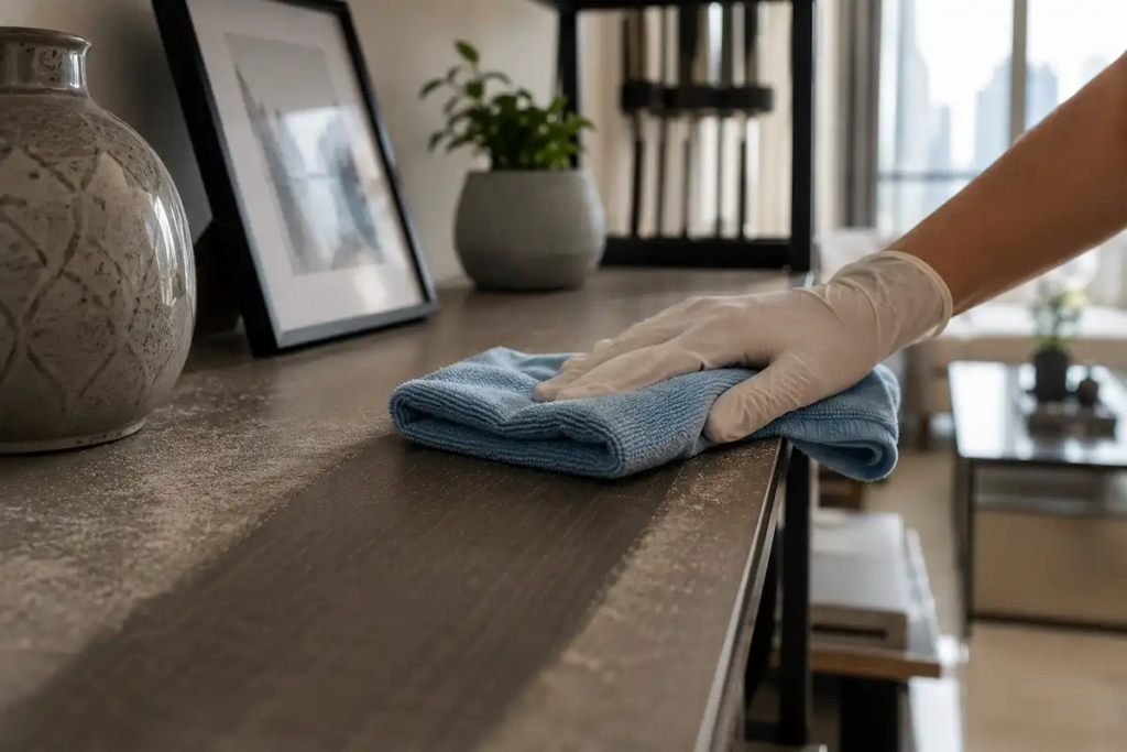  Fine dust layer on shelf surface in UAE apartment living room