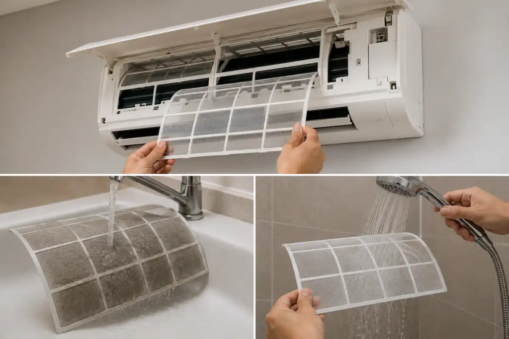 AC wall unit with vent cover removed showing filter being cleaned in UAE home