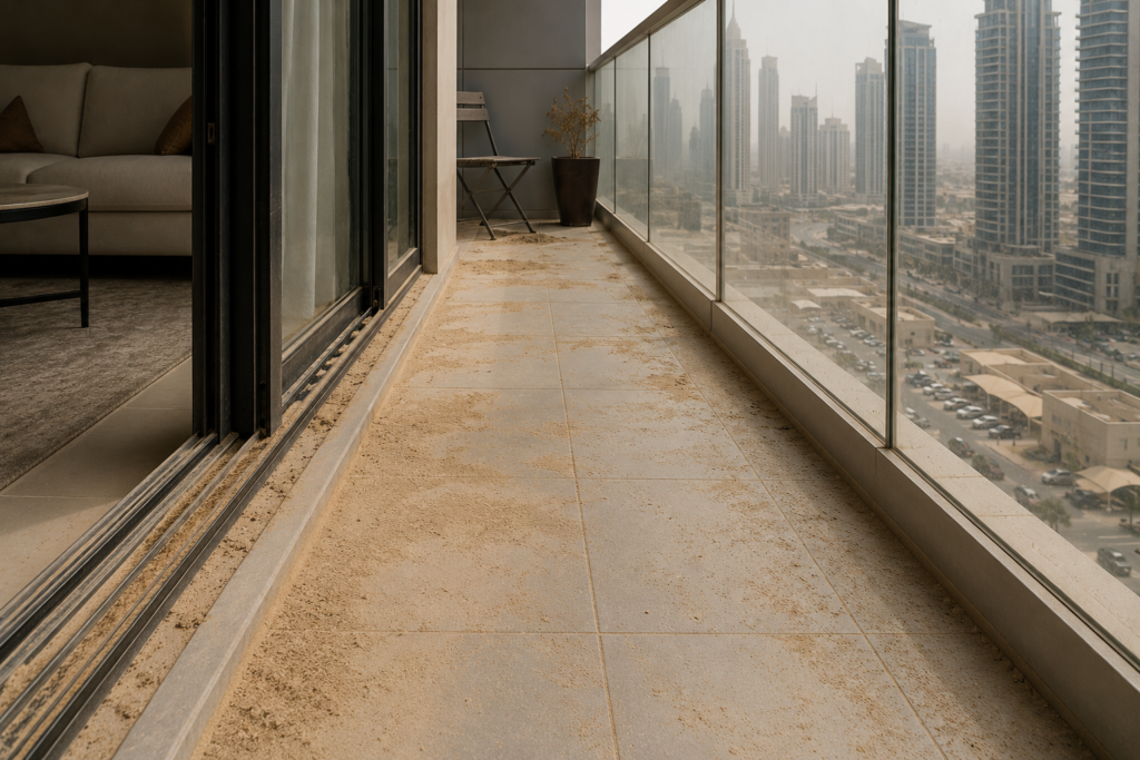 Sand buildup on balcony tiles and sliding door tracks in Dubai high-rise apartment