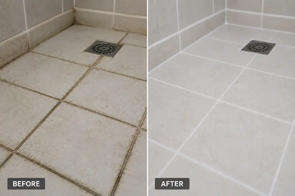 Bathroom tile grout before and after steam cleaning in UAE home