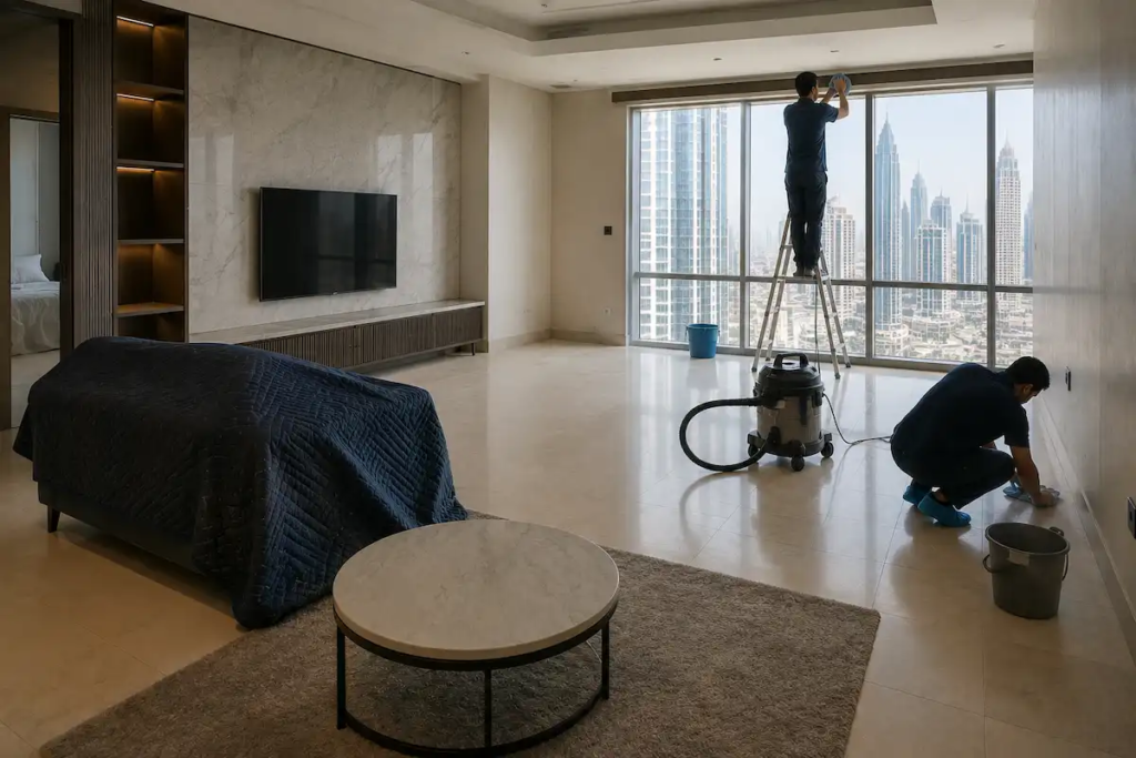 UAE apartment living room mid deep clean with furniture moved and curtains removed