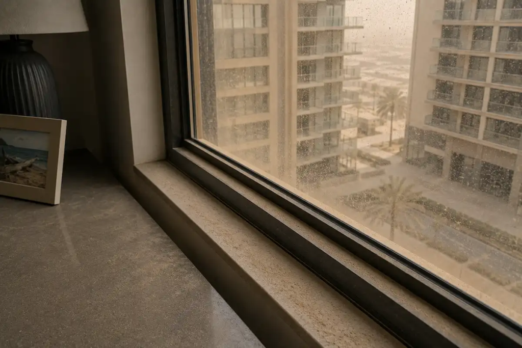 Fine dust layer on interior window sill and surfaces of UAE apartment after sandstorm