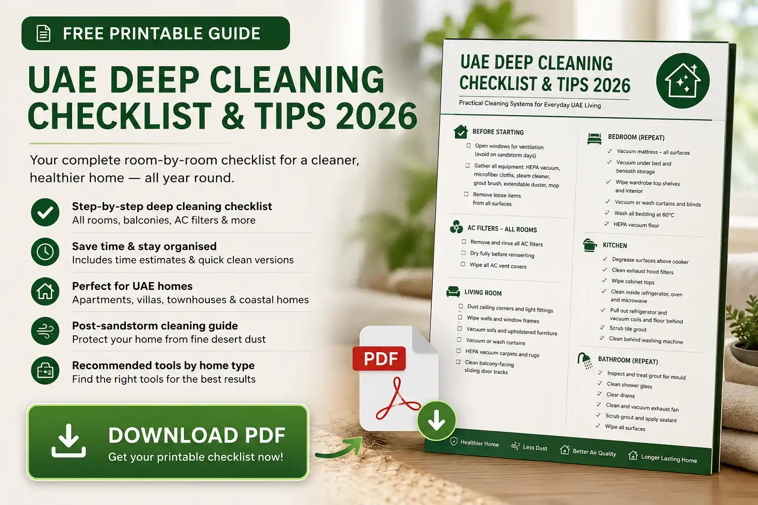 Downloadable UAE deep cleaning checklist PDF guide featuring a printable room-by-room cleaning checklist for apartments and villas, including AC filter cleaning, mattress vacuuming, balcony dust removal, post-sandstorm cleaning tips, and recommended deep cleaning tools for UAE homes.