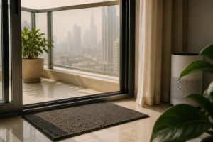 dust-prevention-tips-uae-Modern UAE apartment interior with layered dust prevention setup including balcony entry mat, closed sliding glass door, air purifier, curtains, and hazy Dubai skyline visible outside during dusty weather conditions.