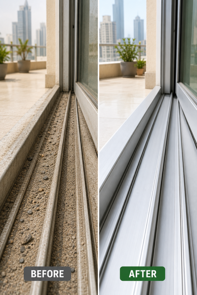 Close-up photograph of a UAE apartment balcony door track before and after cleaning - effective visual for social sharing and Discover.