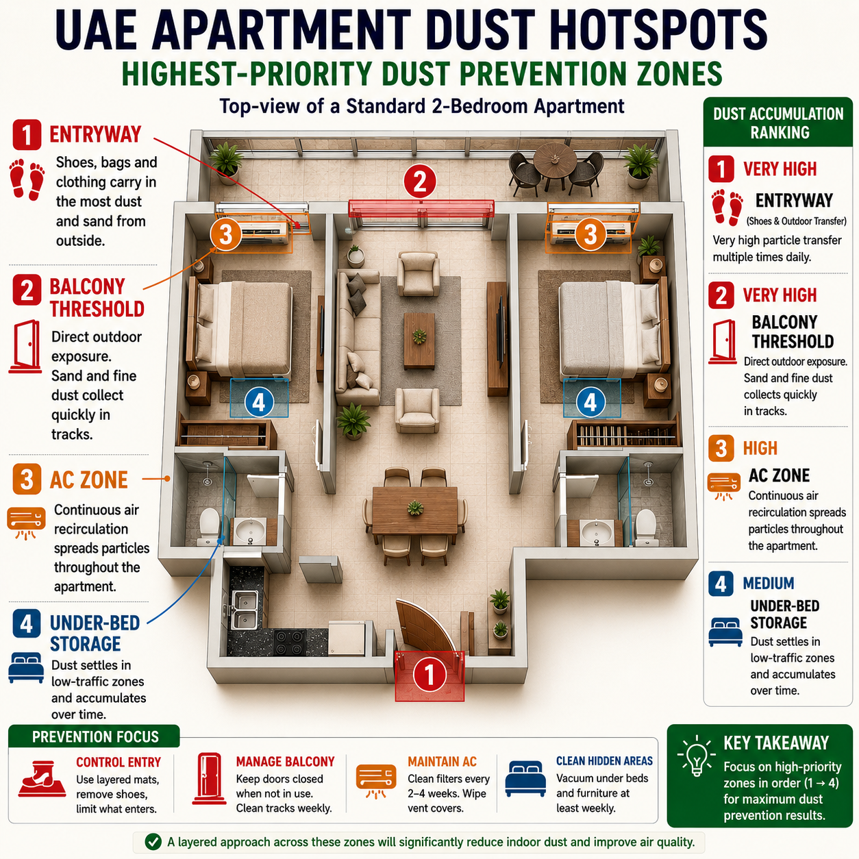 Top-view floor plan of a standard UAE apartment showing highest-priority dust prevention zones ranked by particle accumulation rate - entryway, balcony threshold, AC zone, and under-bed storage highlighted.