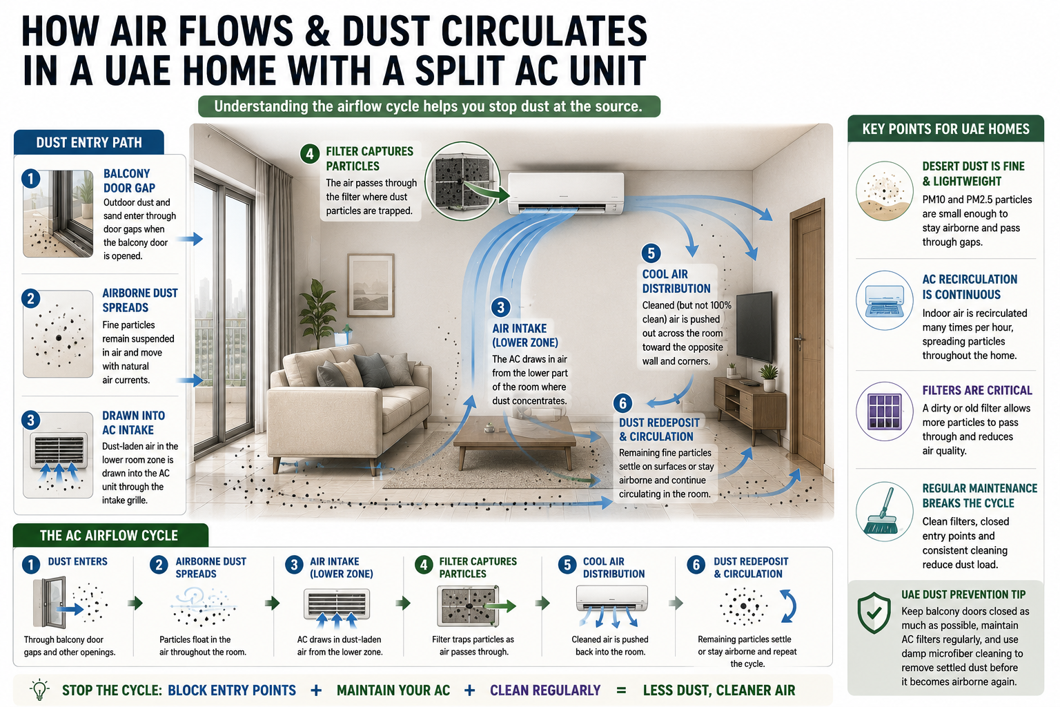 Airflow pathway diagram showing how a UAE split AC unit draws air from the lower room zone, passes it through the filter, and distributes it back toward the opposite wall - with arrows showing common dust particle migration paths from balcony door gap through AC cycle.