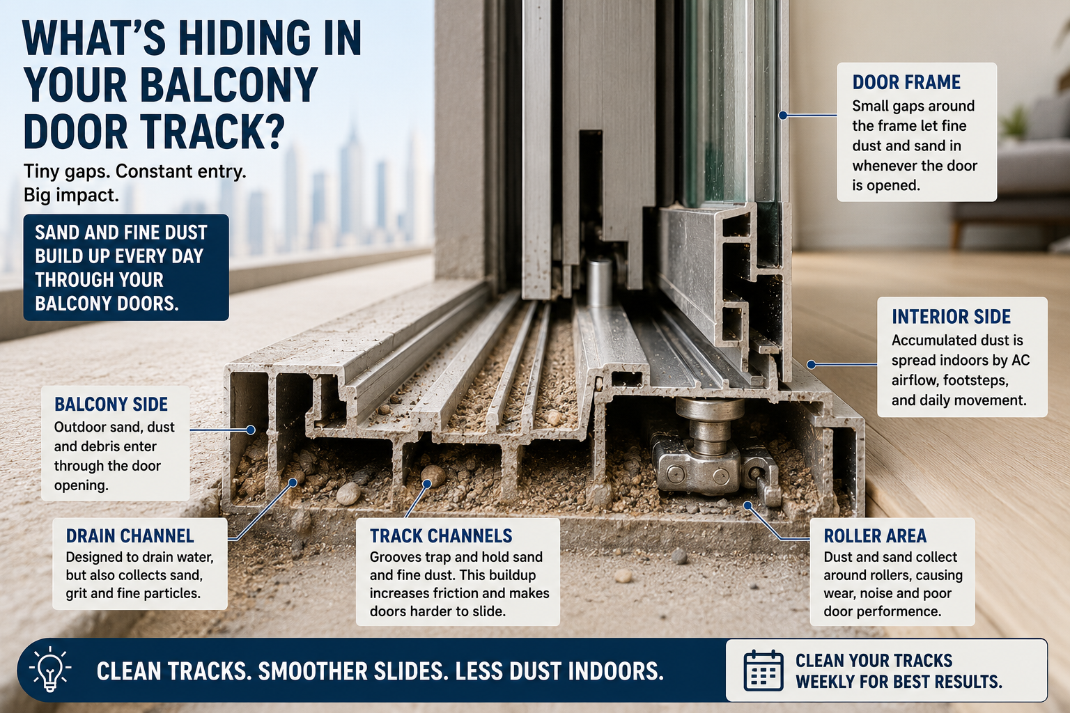 Cross-section photograph or illustration of a UAE apartment balcony door track showing visible sand and fine dust accumulation - reinforces why entry-point management matters.