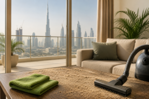 Modern UAE apartment living room with visible desert dust and sand on a coffee table, microfiber cloths and a vacuum cleaner in the foreground, and a Dubai skyline view through large balcony windows.