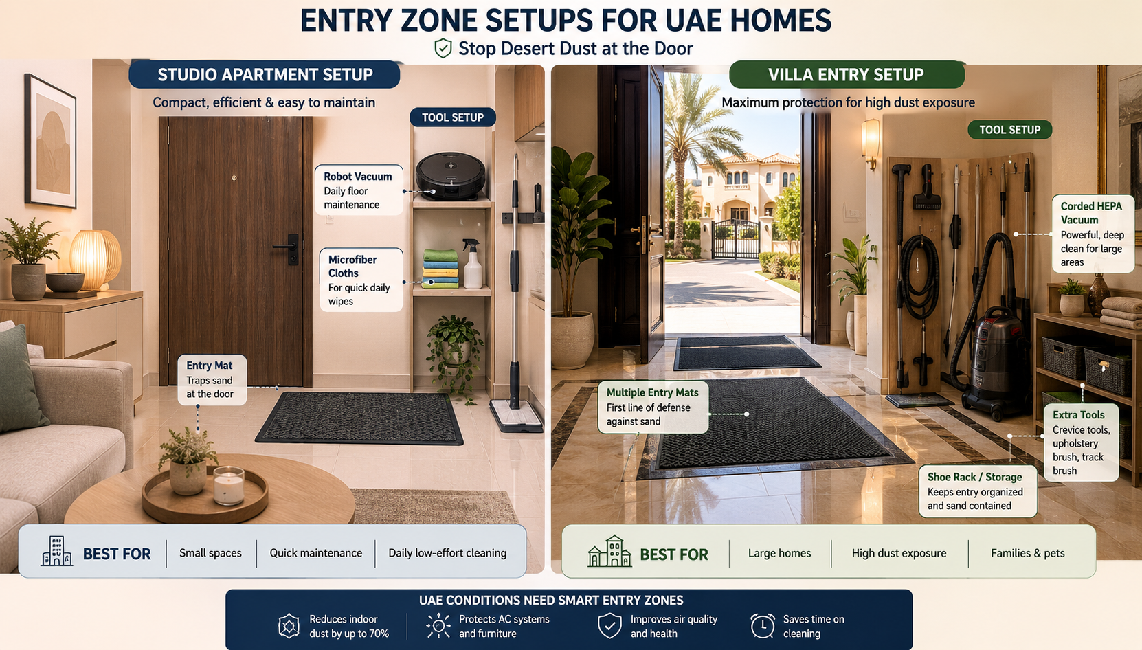 Side-by-side comparison of a studio apartment and a villa entry zone showing appropriate entry mat and tool setups for UAE conditions