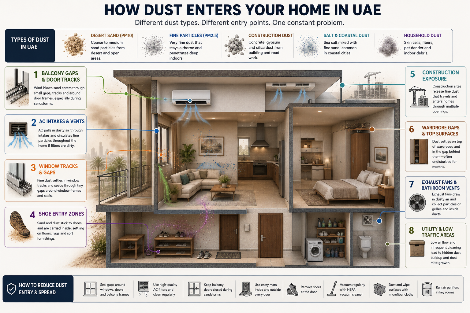 Cross-section diagram showing how different UAE dust types enter a home through balcony gaps, AC intakes, window tracks, and shoe entry zones