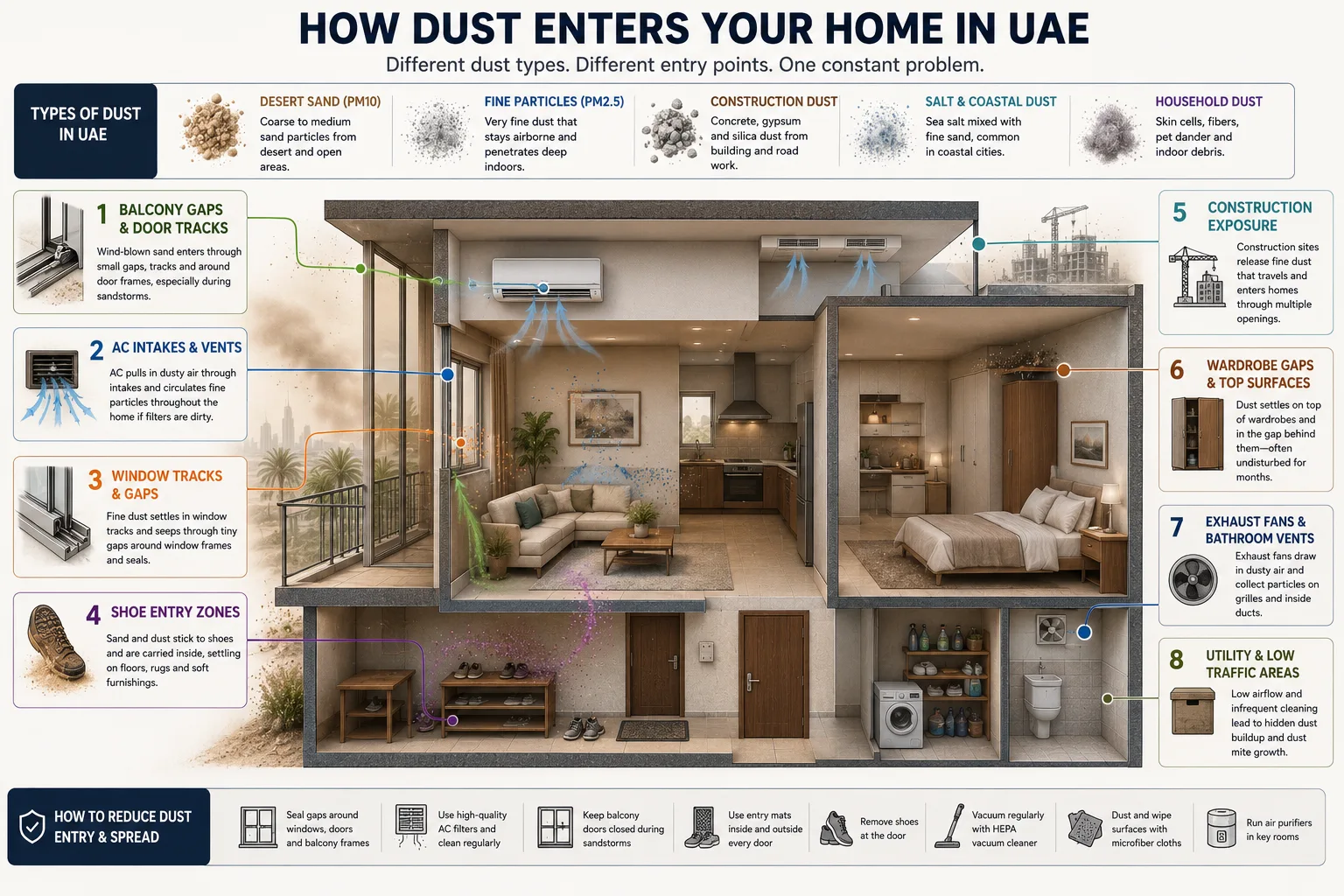 Cross-section diagram showing how different UAE dust types enter a home through balcony gaps, AC intakes, window tracks, and shoe entry zones