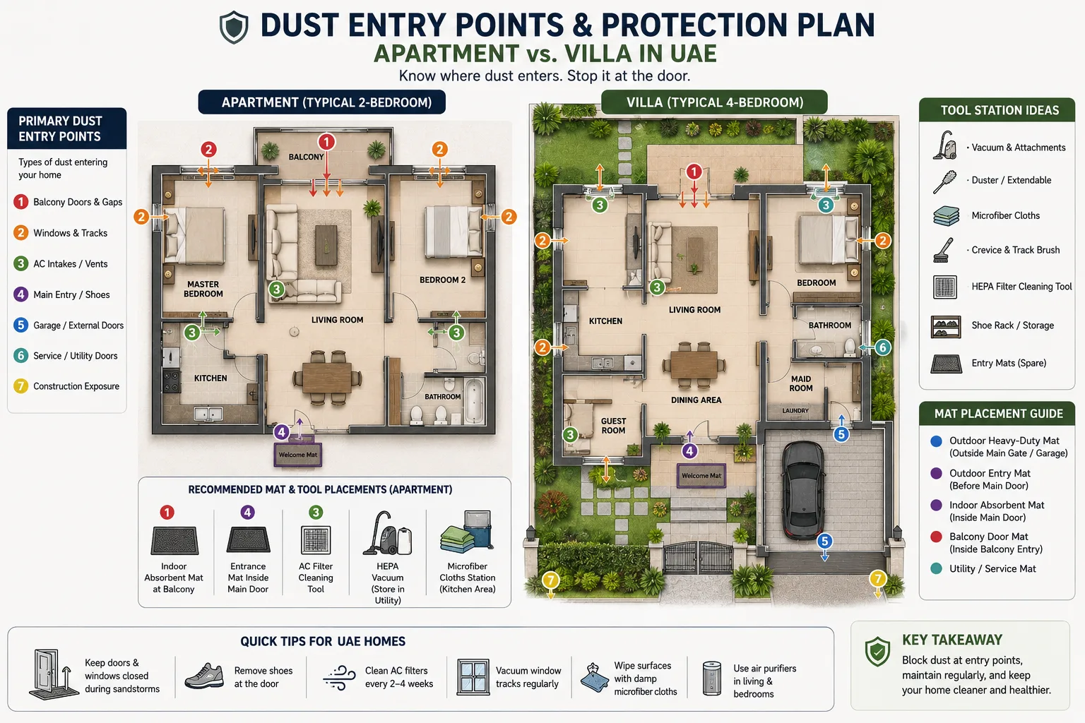 Side-by-side floor plan of an apartment and a villa showing primary dust entry points and recommended mat and tool placements