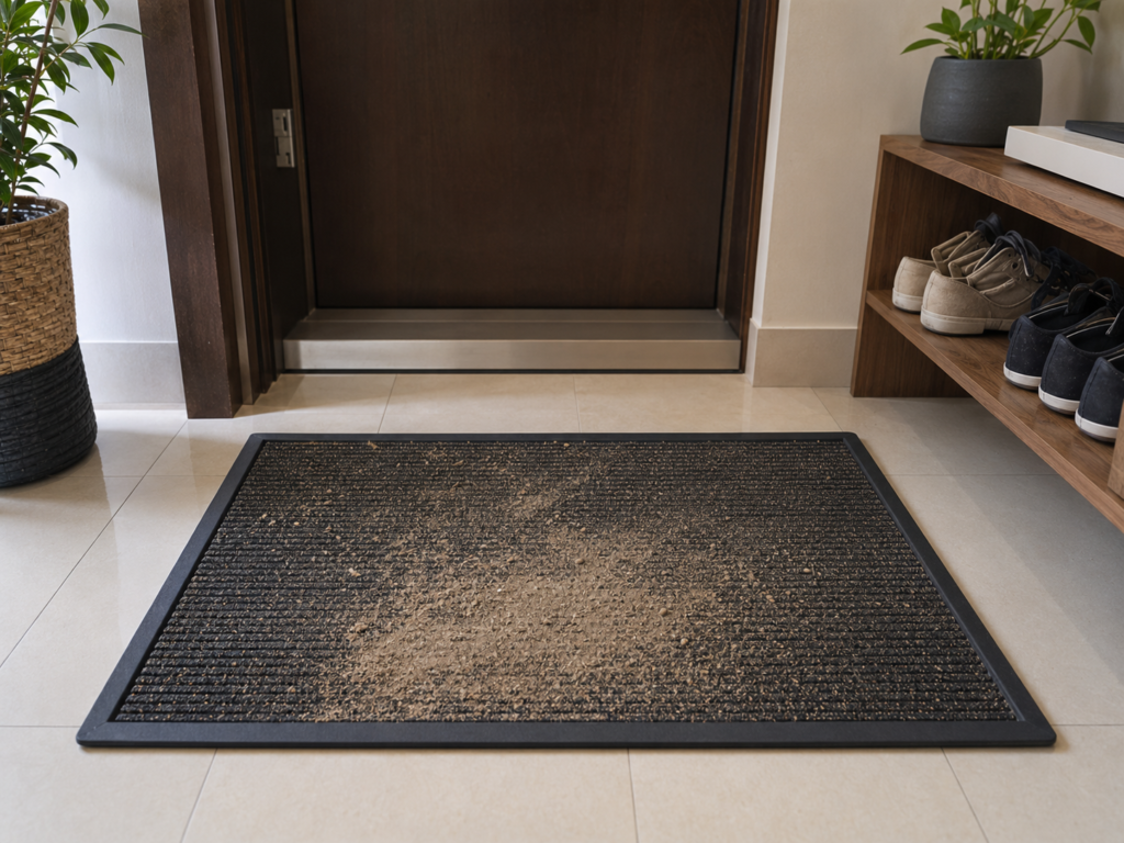 Close-up of a UAE entry mat with visible sand accumulation demonstrating effective dust capture at the entry zone