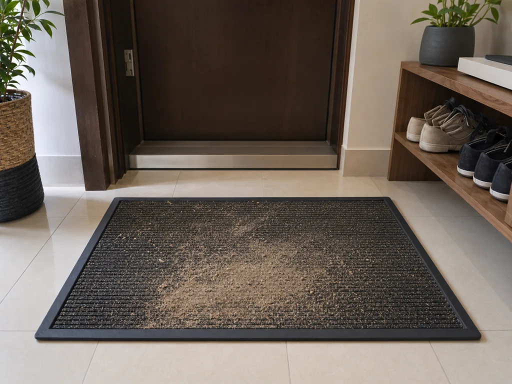 Close-up of a UAE entry mat with visible sand accumulation demonstrating effective dust capture at the entry zone