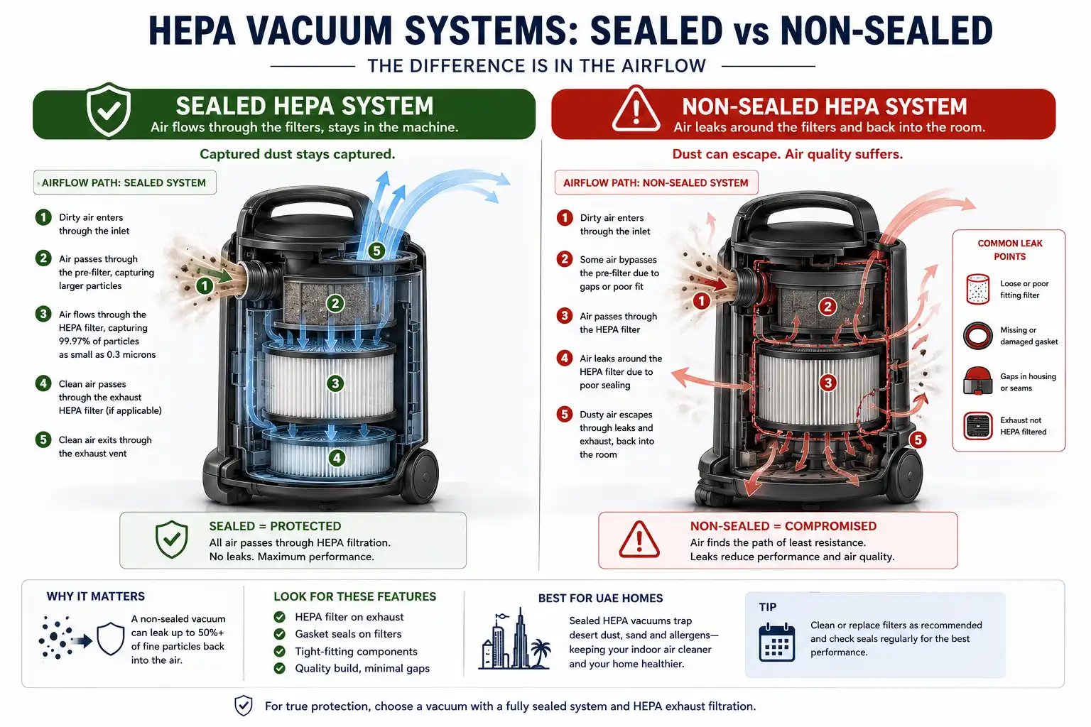 Vacuum airflow diagram showing sealed versus non-sealed HEPA systems, with arrows illustrating where leakage occurs in non-sealed designs