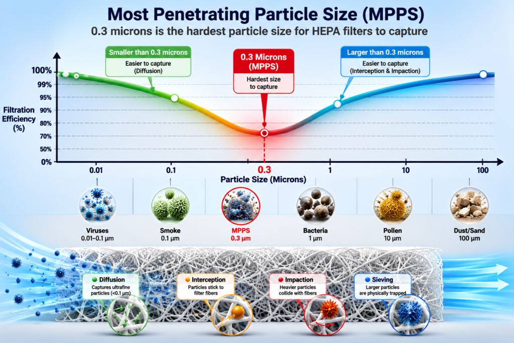 Diagram showing the MPPS concept - particle size on x-axis, filtration difficulty on y-axis, with 0.3 microns marked as the peak challenge point