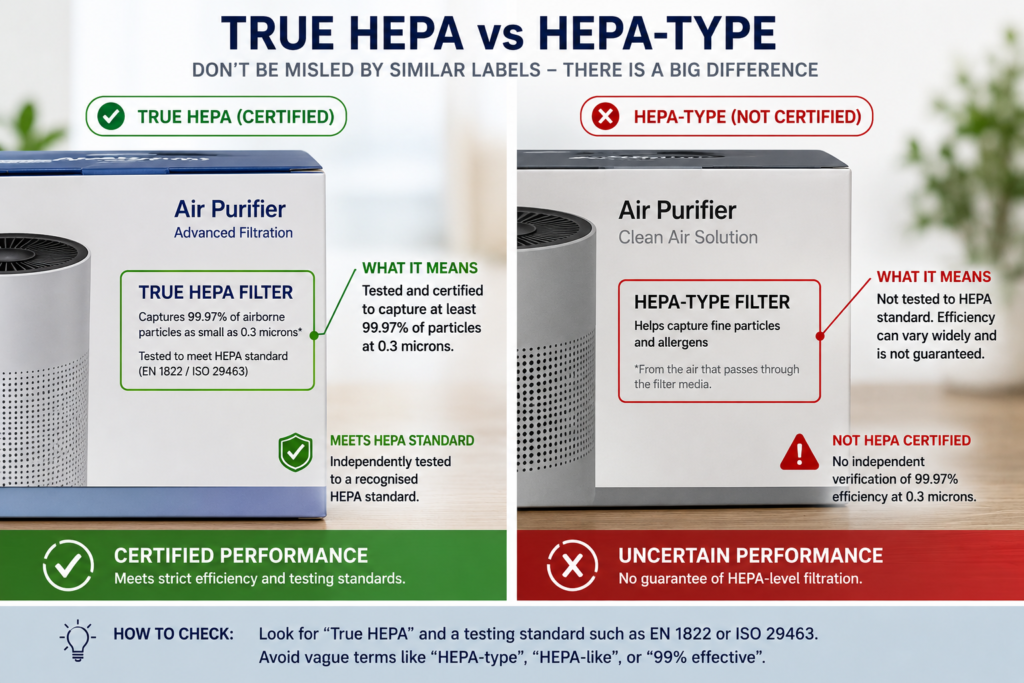 Side-by-side comparison of True HEPA labelling versus HEPA-type labelling on product packaging, with annotation highlighting the difference