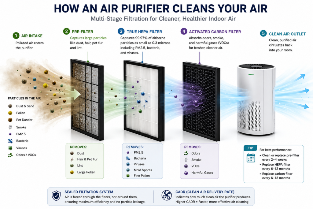 Air purifier multi-stage filtration diagram showing airflow entering pre-filter, passing through HEPA layer, then activated carbon, and exiting clean - with particle types removed at each stage labelled