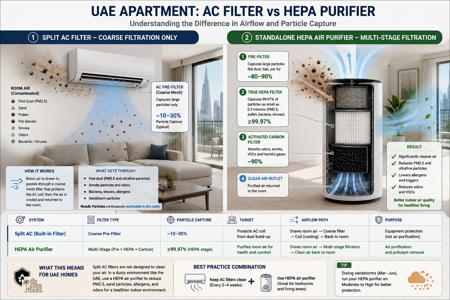 UAE apartment diagram comparing split AC filter airflow path (coarse pre-filter only) versus standalone HEPA air purifier airflow path (multi-stage), with particle capture levels annotated at each stage