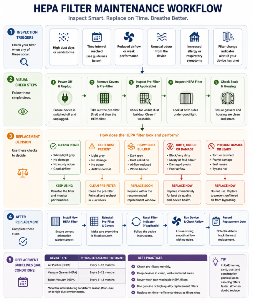 HEPA maintenance workflow chart showing inspection triggers, visual check steps, and replacement decision points - formatted as a simple flowchart