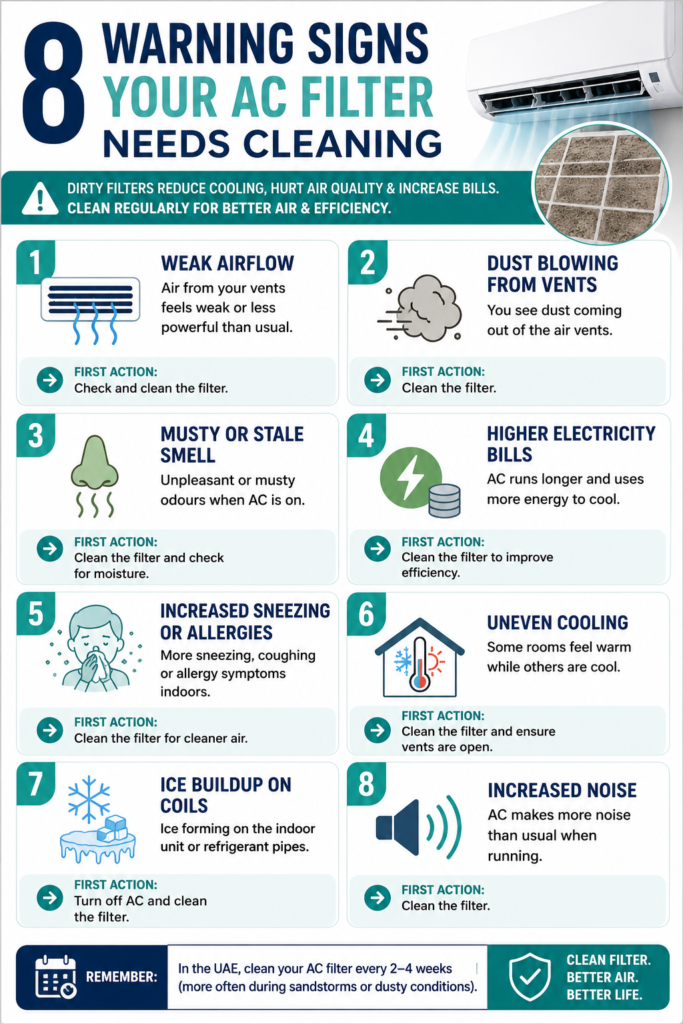 "8 Warning Signs Your AC Filter Needs Cleaning" - a visual checklist card showing each warning indicator with an icon, brief label, and associated first action, designed for saving and sharing.