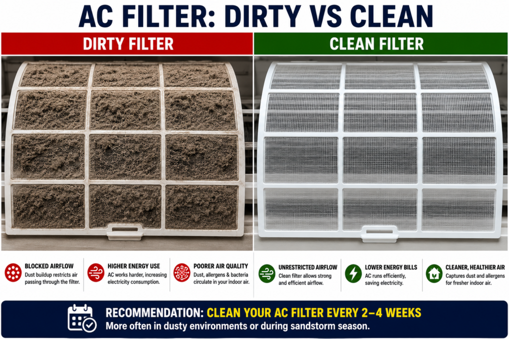 Close-up of a heavily dust-loaded AC filter with visible grey and brown accumulation across the mesh surface, placed next to a clean filter for direct comparison.