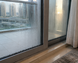 condensation balcony door frame UAE apartment summer.